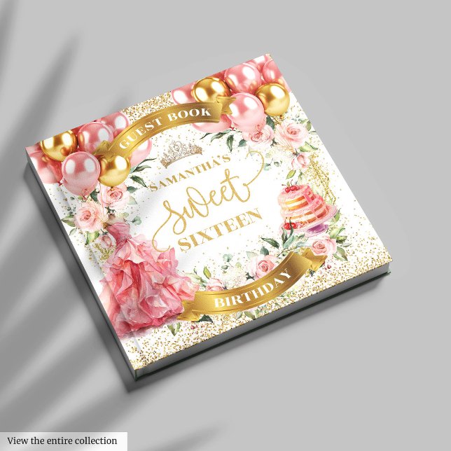 Dulce del libro de invitados Rubor Flowers Gold (Chic Blush Gold Guest Book Sweet Sixteen)