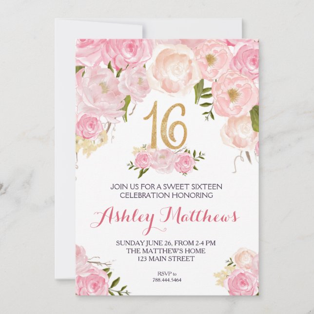 dulce dieciséis cumpleaños Invitación floral, (Anverso)