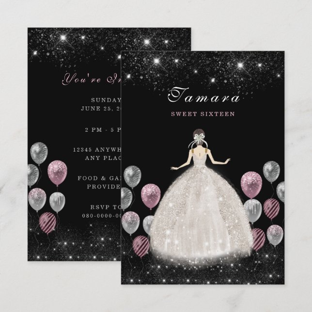Dulce Dieciséis Elegante Tarjeta de Invitación de  (Anverso / Reverso)