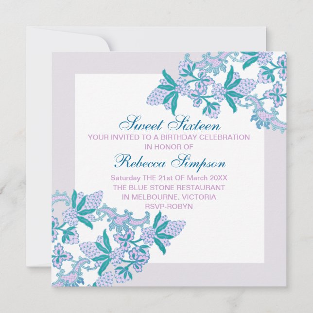 Dulce Dieciséis Flores de Aqua Invitación de Cumpl (Anverso)