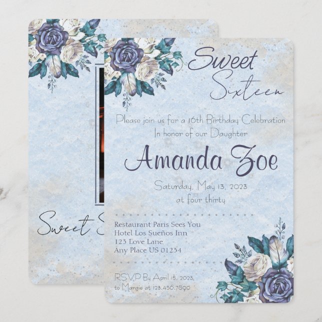 Dulce Dieciséis Invitación Dusty Blue Floral (Anverso / Reverso)