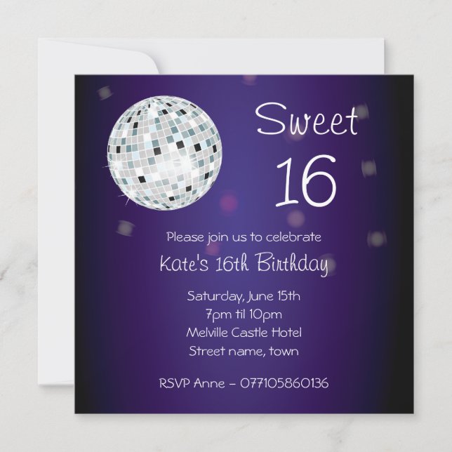 Dulce Dieciséis invitaciones a la fiesta de la Pel (Anverso)