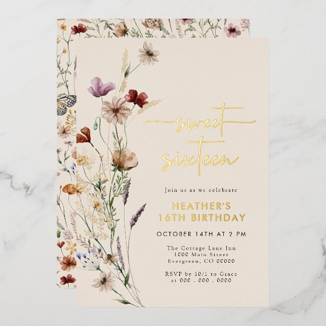 Dulce Dieciséis Invitaciones al Relieve metalizado (Anverso/Reverso)