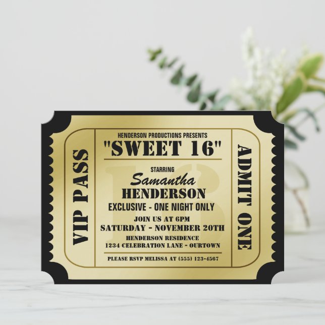 Dulce Dieciséis invitaciones de fiesta tipo Ticket (Anverso de pie)