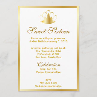 Dulce Dieciséis Tiara Dorada En Invitación Blanca