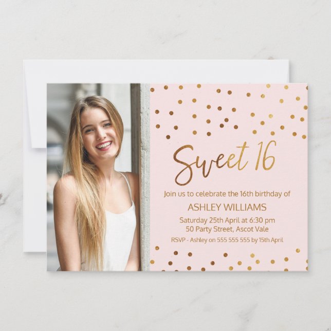 Dulce Dorado Rosado Dieciséis Invitaciones de Cump (Anverso)