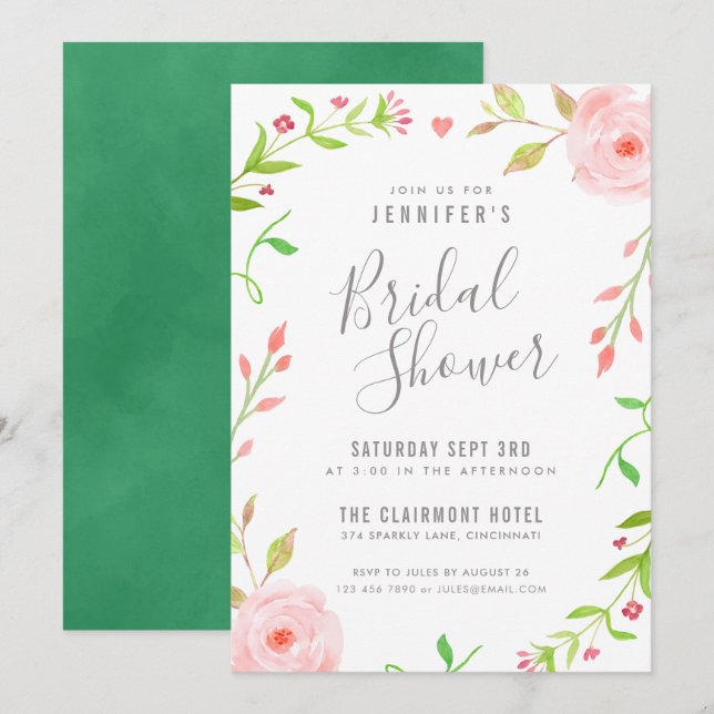 Dulce Floral Bridal Shower Invitación rosa y verde (Anverso / Reverso)