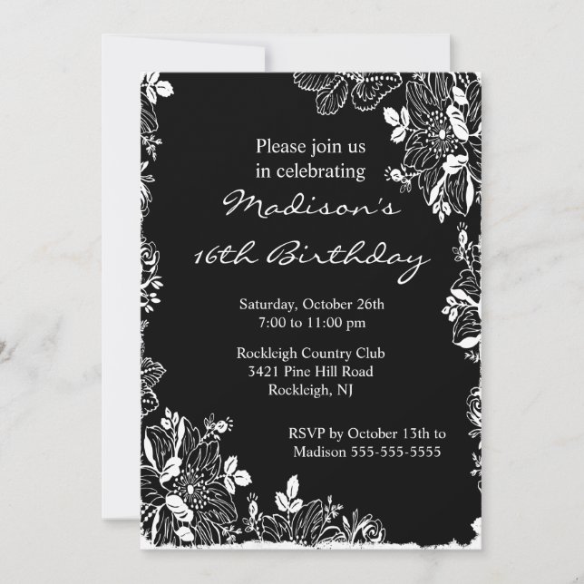Dulce floral de moda Invitación a los 16 cumpleaño (Anverso)