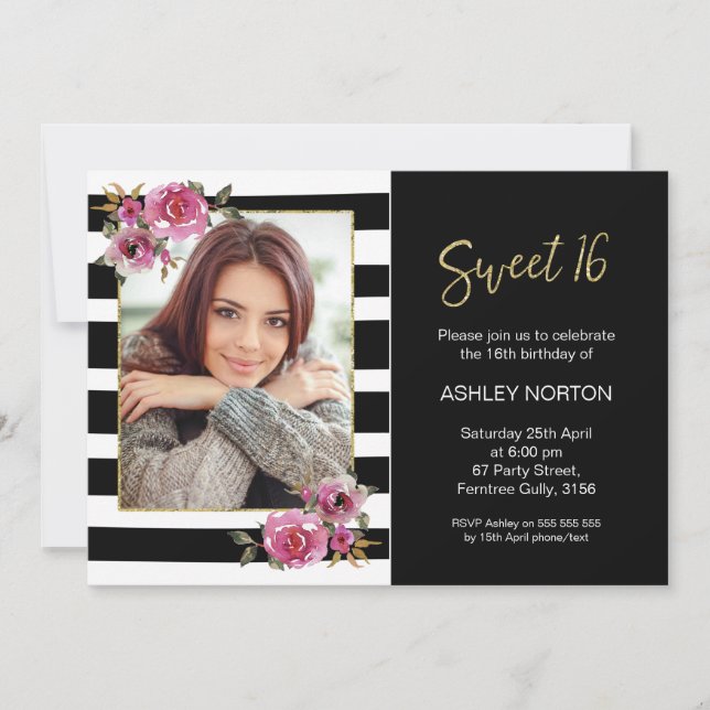 Dulce floral rayado negro invitación de 16 (Anverso)
