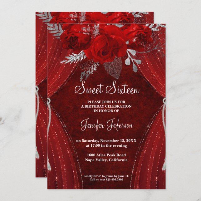 Dulce floral rojo Dieciséis invitaciones (Anverso / Reverso)