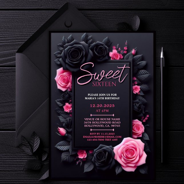 Dulce floral rosa 16 Invitación a fiesta de cumple (Editable Sweet 16 Invitation, Black and Pink Sweet Sixteen, Floral 16th Birthday Party Invite)