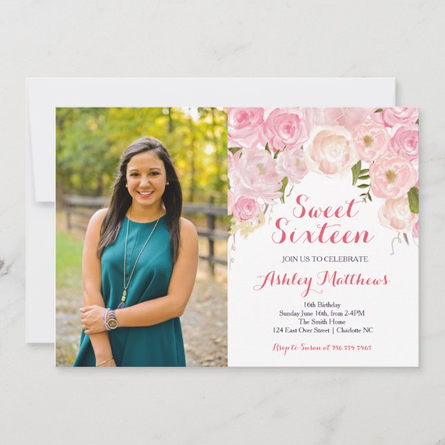 Dulce Floral Rosa Dieciséis Años Invitación (Anverso)
