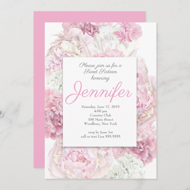 Dulce Floral Rosa Rubor 16 Invitación (Anverso / Reverso)