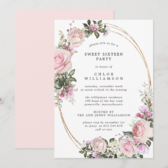 Dulce Floral Rosa Rubor Dieciséis Invitaciones De  (Anverso / Reverso)
