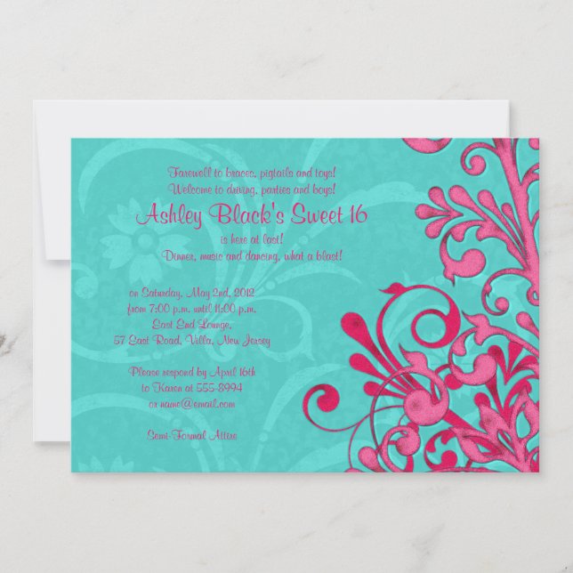 Dulce floral turquesa y rosa 16 Invitación de cump (Anverso)