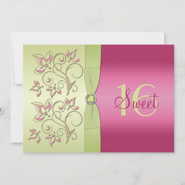 Dulce floral verde y rosa Dieciséis invitaciones (Anverso)