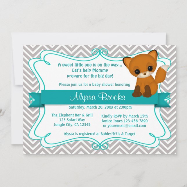 Dulce Fox Baby Invitaciones Chevron Grey (Anverso)
