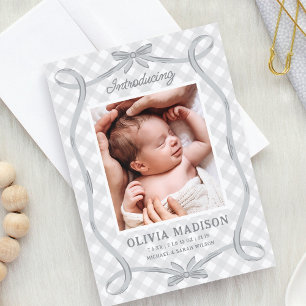 Dulce Gray Gingham Ribbon Anuncio de Nacimiento