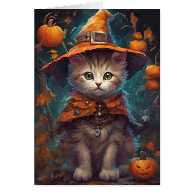 Dulce Halloween Kitten Witch Card (Frente)