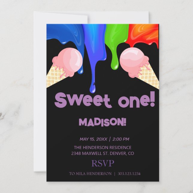 Dulce ICE CREAM colores arcoiris, Invitación (Anverso)