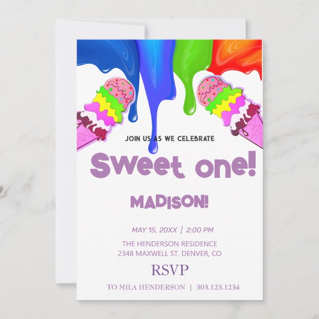 Dulce ICE CREAM colores arcoiris, Invitación (Anverso)
