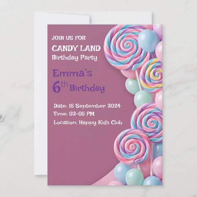 Dulce Invitación Cumpleaños Candy Land Fiesta (Anverso)