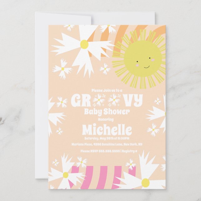 Dulce Invitación de Baby Shower Groovy Sun Rainbow (Anverso)