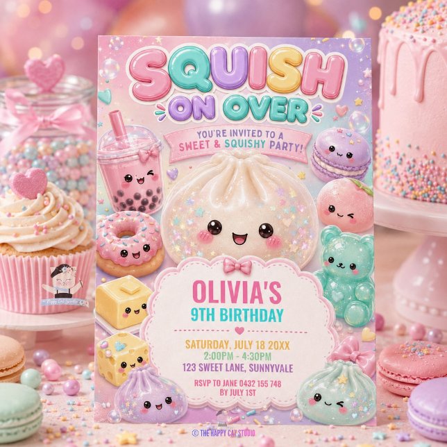 Dulce Invitación de Cumpleaños de Bao de Masa Glit (Cute Glitter Dumpling Bao Squishy Party Birthday Invitation )