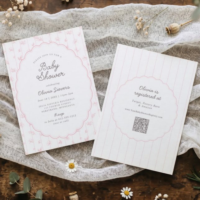 Dulce Invitación de Cumpleaños de Bebé con Marco O (Light pink French floral baby shower invitation with elegant scalloped oval frame and registry)