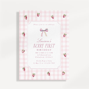 Dulce Invitación de Cumpleaños Fresa Gingham Prime