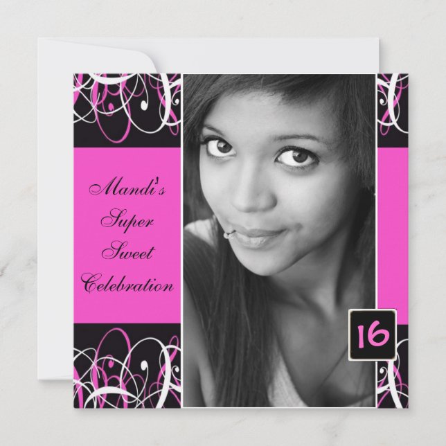 Dulce Invitación de cumpleaños negro y rosa (Anverso)