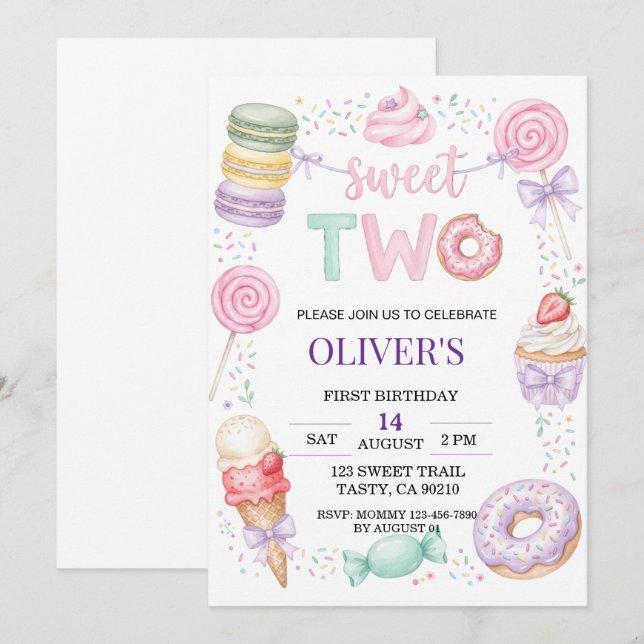 Dulce Invitación de Cumpleaños Número 2 con Postre (Anverso / Reverso)
