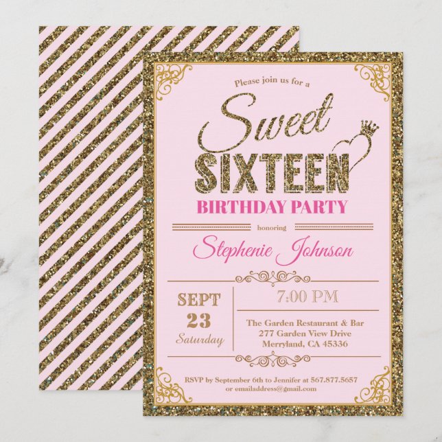Dulce invitación de fiesta de 16 años rosa y dorad (Anverso / Reverso)