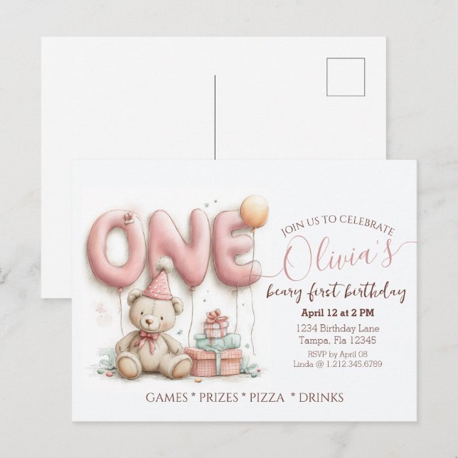 Dulce invitación de primer cumpleaños con oso de p (Anverso / Reverso)