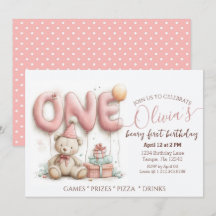 Dulce invitación de primer cumpleaños con oso de p