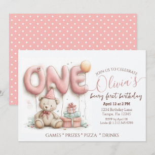 Dulce invitación de primer cumpleaños con oso de p