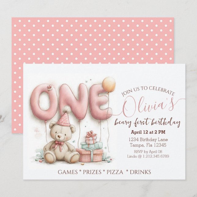 Dulce invitación de primer cumpleaños con oso de p (Anverso / Reverso)
