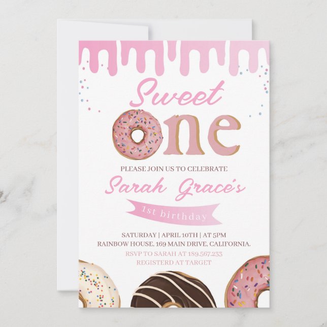 Dulce Invitación de un Donut al primer cumpleaños (Anverso)