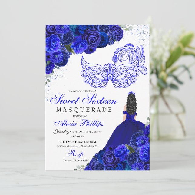 Dulce Masquerade Royal Blue Floral 16 Invitación (Anverso de pie)