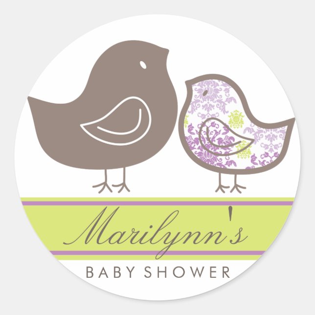 Dulce morado Damask chicks Pegatina de Baby Shower (Anverso)