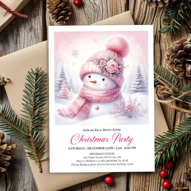 Dulce muñeco de nieve rosa editable Invitación de  (Sweet Pink Snowman Editable Christmas Invite Snowy Forest)