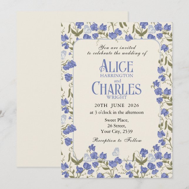 Dulce Pea Floral Azul y Crema Invitación (Anverso / Reverso)