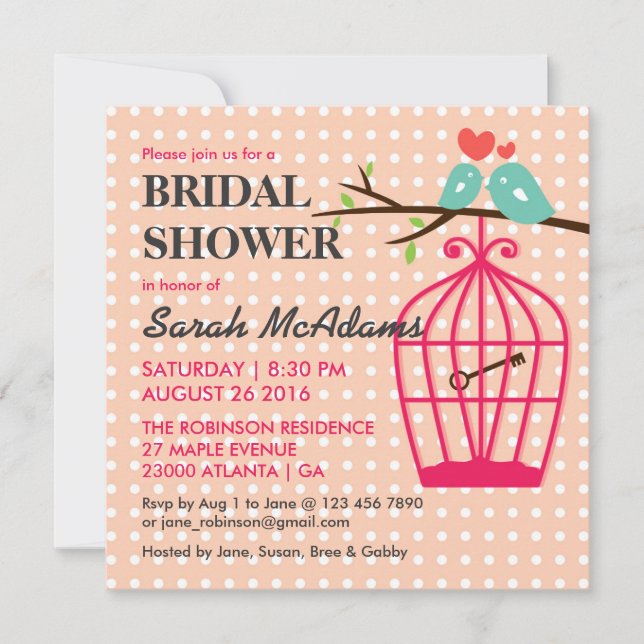 Dulce Pink Polka Dots Birdcage Lovebird Invitación (Anverso)