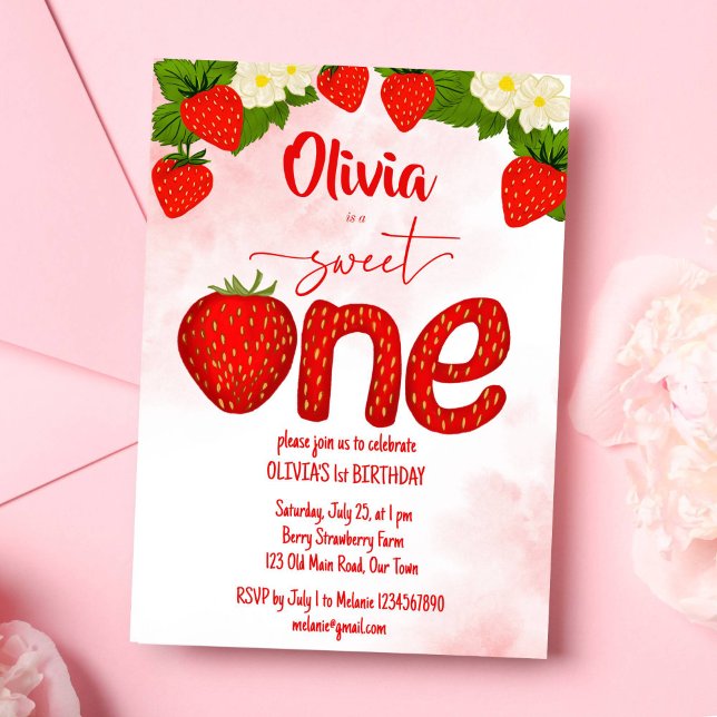 Dulce plantilla de fiesta de cumpleaños de fresa (Sweet one strawberry birthday party template invitation digital download strawberry letter red)