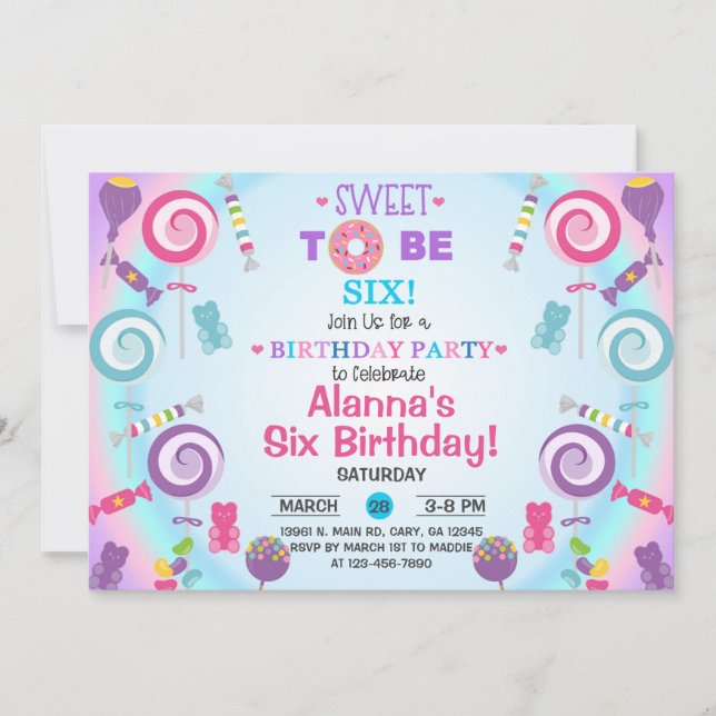 Dulce por ser la invitación de cumpleaños de seis  (Anverso)