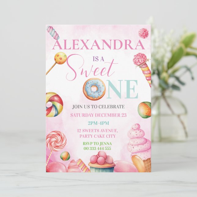 Dulce primer cumpleaños de invitación para Chicas  (Anverso de pie)