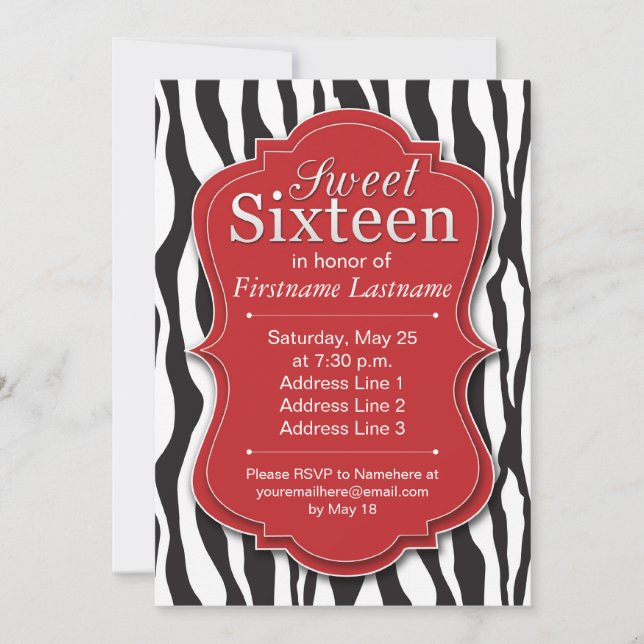 Dulce rojo del estampado de zebra 16 invitaciones (Anverso)