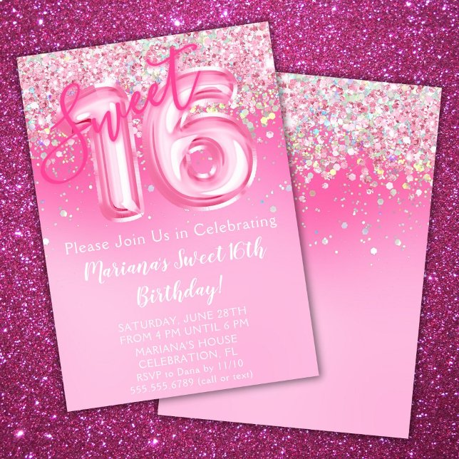 Dulce rosado 16º cumpleaños Invitación Purpurina r (Subido por el creador)