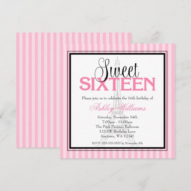 Dulce rosado de las rayas de París 16 invitaciones (Anverso / Reverso)