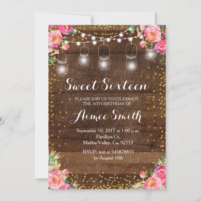 Dulce rústico floral rosa 16 Tarjeta de cumpleaños (Anverso)